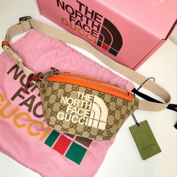 Gucci X The North Face Collaboration Belt Bag GG Canvas With Orange Leather  Trim